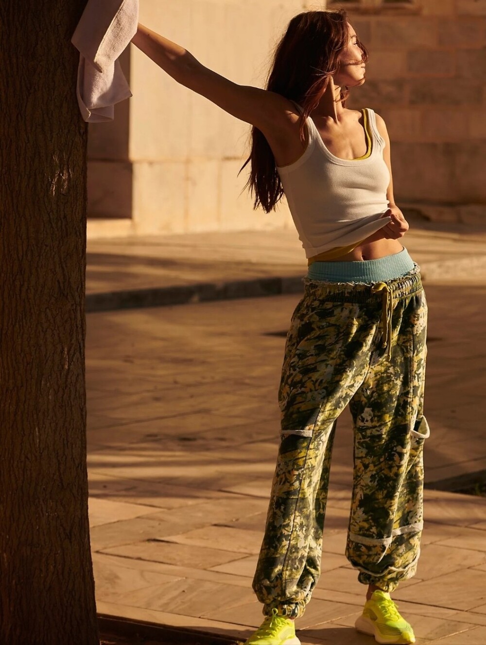 Free People Movement Baggy Pants Olive Green Camo Floral Size XS  Boho Sweatpant